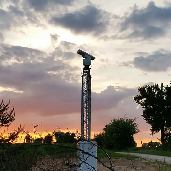 Selerys SKYDETECT radar sensor mounted on a tower at sunset