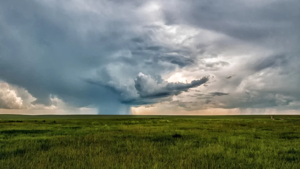 Dark storm clouds with a visible rain shaft over open farmland — the severe weather Selerys' cloud seeding services are built to mitigate