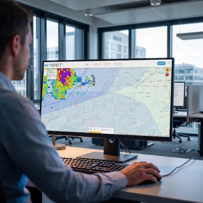 SELERYS operator monitoring a storm cell on the SKYDETECT (CIRRUS software) radar dashboard