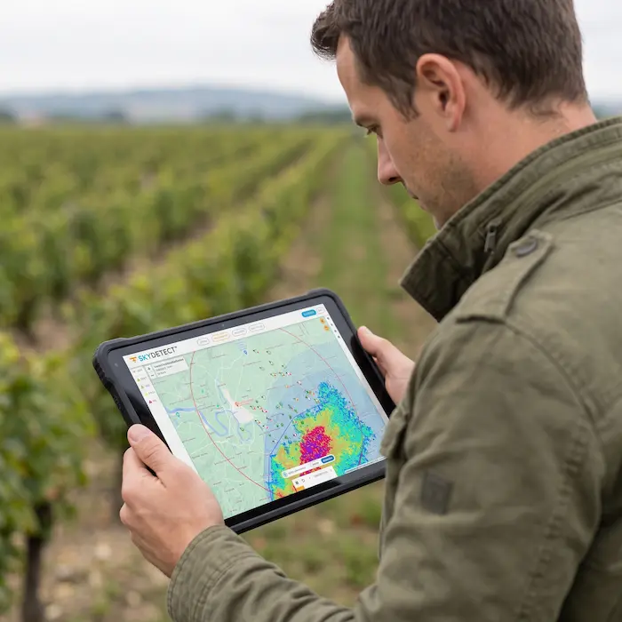 SELERYS operator checking the SKYDETECT and CIRRUS software dashboard on a tablet in a vineyard