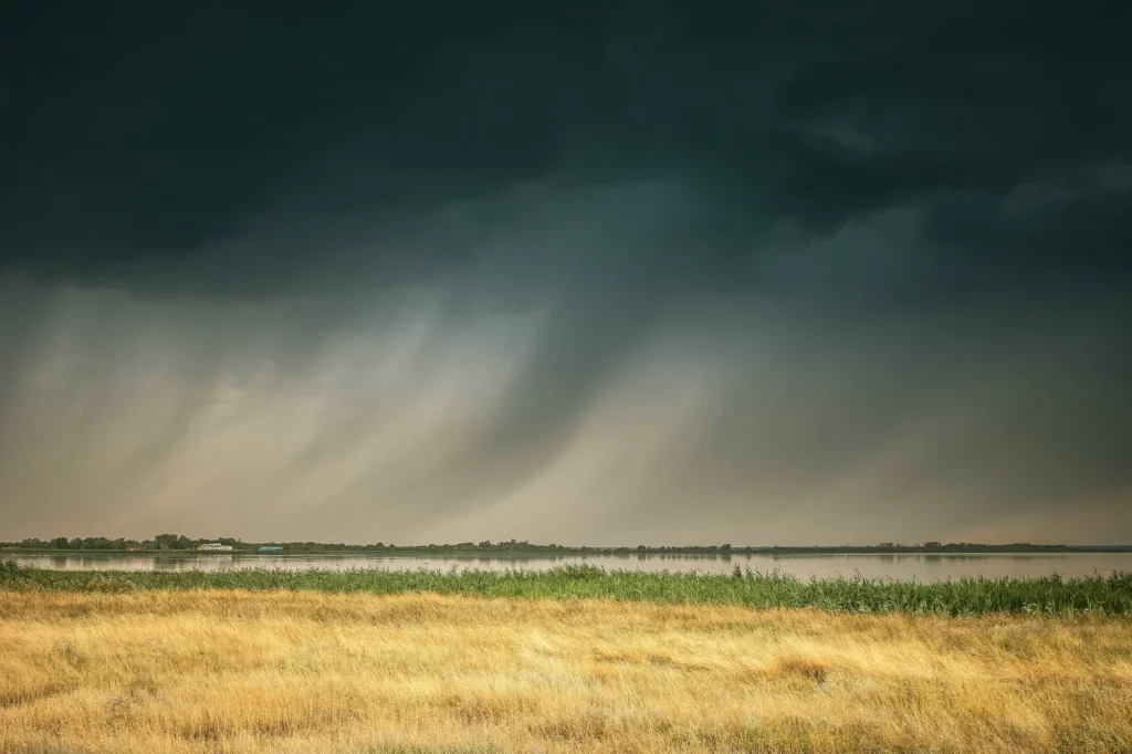 dark storm clouds over a golden field, promising a heavy rain storm