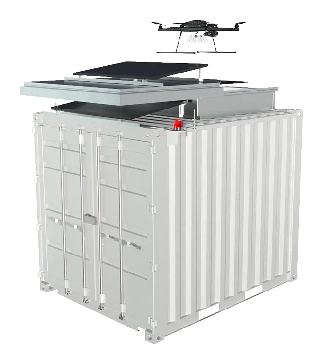 LAICO drone launcher by SELERYS, a container station with a cloud seeding drone taking off from its roof
